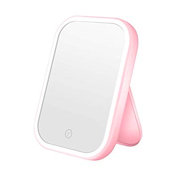 Lighted Makeup Mirror with LED Natural Lights Travel Vanity Mirror with Sensitive Touch Screen By CERSLIMO,Batteries or USB Charging, Adjustable, Dimmable, Compact, Pink