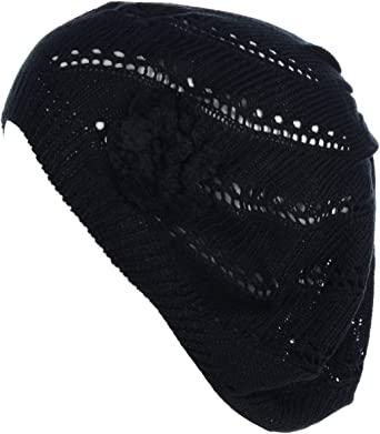 an Open Weave Womens Crochet Mesh Beanie Hat Flower Fashion Soft Knit Beret Cap