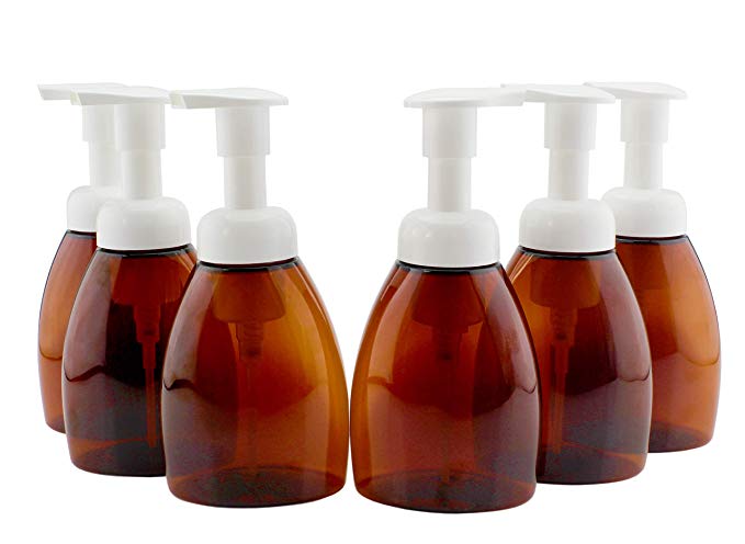 Cornucopia Brands Amber Foaming Soap Pump Dispensers (6-Pack); 250ml/8.5-Ounce Plastic Bottles with Foaming Liquid Soap Pumps