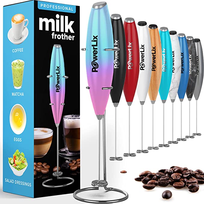 PowerLix Milk Frother Handheld Battery Operated Electric Whisk Foam Maker for Coffee, Latte, Cappuccino, Hot Chocolate, Durable Mini Drink Mixer with Stainless Steel Stand Included (Unicorn)