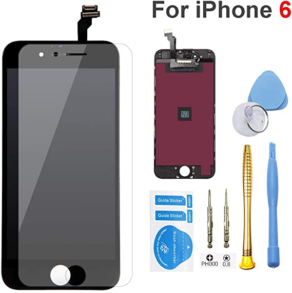 For iPhone 6 Screen Replacement Black assembly LCD Display Touch Screen Digitizer Frame Assembly Full Set with Free Repair Tools Kit and Professional Glass Screen Protector (4.7 inches) (iPhone6, Black)