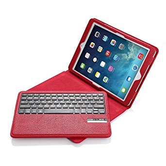 iPad Air / iPad Air 2 Keyboard Case, [Apple iOS 10  Support] Poweradd Removable Wireless iPad Bluetooth Keyboard with PU Leather Folio Smart Case, Built-in Stand for Apple iPad Air 1/2, iPad 5/6 - Red