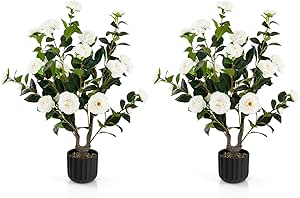 Goplus 38’’ Artificial Camellia Tree, 2 Pack Flower Plants Artificial Tree, Faux Floral Plant Blooming Tree in Cement Pot, Greenery Potted Plant for Indoor Outdoor Office Home Porch Decor