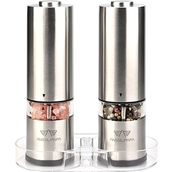ANGELPAPA Electric Salt and Pepper Grinder Set (Pack of 2) | Automatic Battery Operated Stainless Steel mills | LED Light | Adjustalbe Ceramic Coarseness | Caps at Bottom | Complimentary Mill Rest
