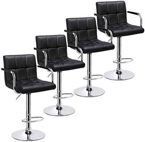 Yaheetech 4pcs Adjustable Bar Stools Kitchen Counter Barstools Bar/Counter Height Stool Chairs PU Leather Hydraulic Swivel Dining Chair with Armrest, Black