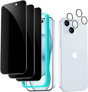 ESR 3 2 Pack for iPhone 15 Plus Privacy Screen Protector Set, Anti-spy Tempered-Glass Privacy Screen Protector, Micro-curved Edges, Case Friendly, 3-Pack with 2 Set of Individual Camera Lens Protector