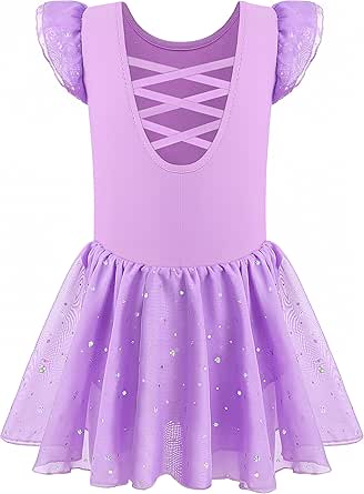 MOLLDAN Girls Dance Leotards for Ballet Dress Shiny Skirt Ruffle Sleeve Crisscross Back