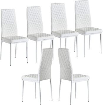 Set of 6 Leather Dining Chairs Set, with Upholstered Cushion & High Back, Powder Coated Metal Legs, Rhombus Pattern Seats, Household Home Kitchen Living Room Bedroom (White)