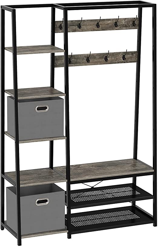 Rolanstar Hall Tree with Storage Bench, 5-in-1 Entryway Shelf with Coat Rack, 70.8" Coat Stand with 5 Side Shelves, 2 Foldable Storage Cubes, 9 Hooks and Shoe Bench Grey