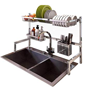 Dish Drying Rack Over Sink Display Stand Drainer Stainless Steel Kitchen Supplies Storage Shelf Utensils Holder (Silver)