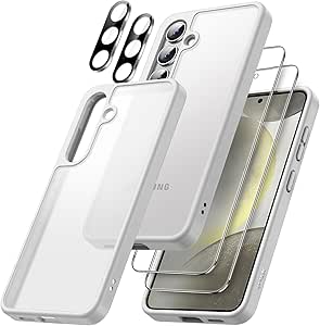 JETech 5 en 1 Funda Mate para Samsung Galaxy S24  / S24 Plus 5G con 2 Protector Pantalla y 2 Protector Lente Cámara, Carcasa Trasera Protectora Translúcida, Cristal Vidrio Templado (Plata)