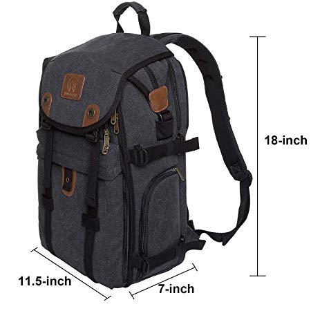 18" DSLR Camera Backpack, Canvas Camera Bag with Rain Cover for Cameras/Lenses/Tablet/14-inch Laptop