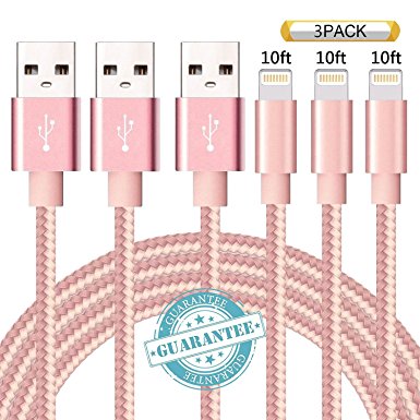 DANTENG iPhone Cable 3Pack 10ft Nylon Braided Certified Lightning to USB iPhone Charger Cord for iPhone 7 7 Plus 6S 6 SE 5S 5C 5, iPad 2 3 4 Mini Air Pro, iPod Nano 7 - Pink