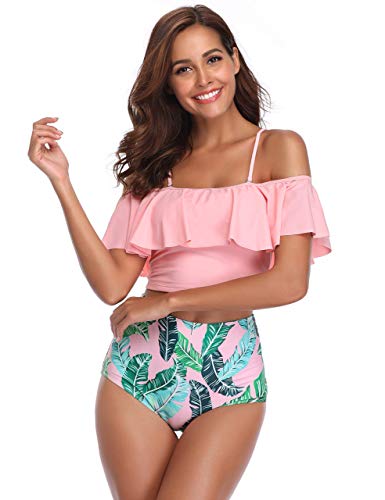 MarinaVida Women Off Shoulder Ruffle Swimsuit Crop Top Two Piece Bathing Suit