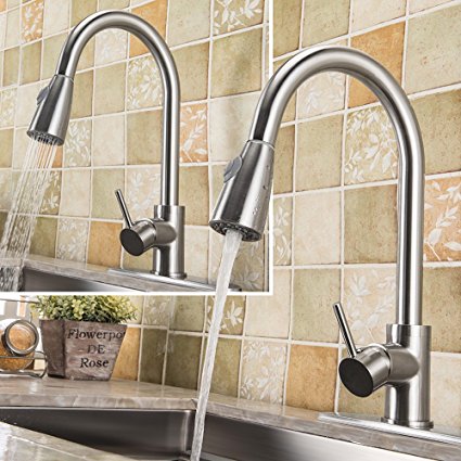 Harrahs J-1006 Kitchen Bar Sink Brushed Nickel Single-Hole One Handle Pull Out and Down Two Dual Function Water Mode Sprayer Spout Touch On Faucet