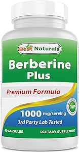 Best Naturals Berberine Plus 1000mg per Serving, (Non-GMO) 60 Capsules - Contains Berberine HCL 1000mg, Vitamin C 120mg & Zinc Gluconate 30 mg