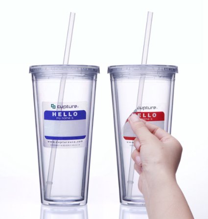 Cupture® Classic Insulated Double Wall Tumbler Cup with Lid, Reusable Straw & Hello Name Tags - 24 oz, 2 Pack (Clear)