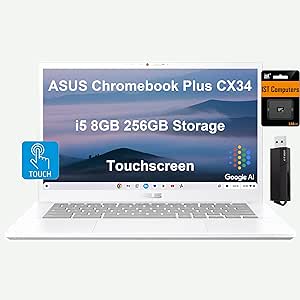 ASUS Chromebook Plus CX34 Laptop, 14" FHD Touchscreen, Intel Core i5-1335U, 8GB RAM, 256GB Storage (128GB UFS  128GB IST SD Card) Enterprise Business, 2TB Cloud Storage, Google AI, Chrome OS, White