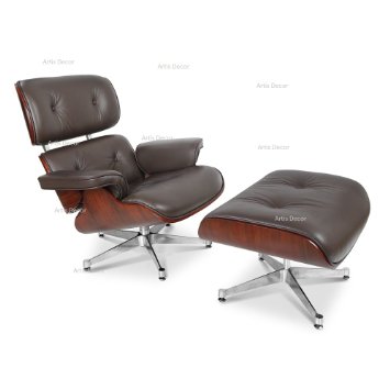 ArtisDecor Plywood Lounge Chair and Ottoman - Genuine Leather (Brown Leather & Walnut Plywood)