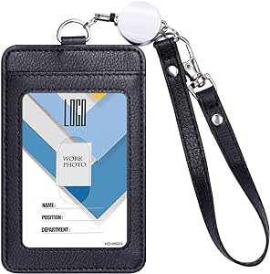 Badge Holder, Wisdompro ID Card Holder, PU Leather, with Retractable Badge Reel, Wrist Lanyard and Metal Clip, 3 Slots, Easy Swipe for Work, School, Hospital, Metro Access Pass - Black