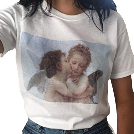 Dolland Womens Baby Angel Kiss Print Funny T-Shirt Summer Casual T-Shirts Round Neck Short Sleeve Top Tee