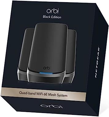 Netgear Orbi 960 Series Quad-Band WiFi 6E Mesh System, 10.8Gbps, Router   2 Satellites – Black Edition - RBKE963B-100NAS