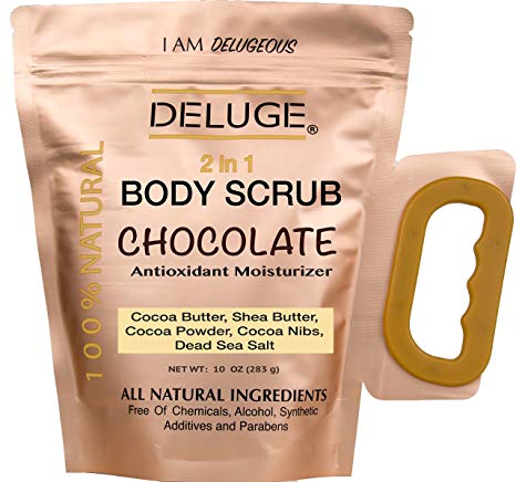 DELUGE - CHOCOLATE BODY SCRUB 100% NATURAL. Firm SkinAnti-Aging Moisturizing. Made with Real Cacao Nibs, Cocoa Powder, COCOA BUTTER, DEAD SEA SALT. PARABEN FREE. Net Weight 10 oz.