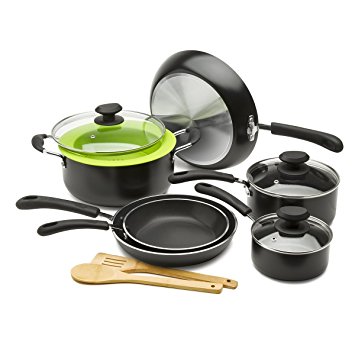 Ecolution Nonstick Cookware Set, 12 Piece -  Heavy Weight, Includes Vented Lids, Steamer, Bamboo Cooking Utensils,  Black