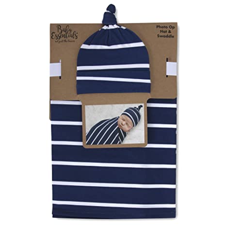 Soft Cotton Baby Swaddle Wrap Blanket with Matching Hat or Headband Cap Set for Newborns and Infants (Blue Stripes)