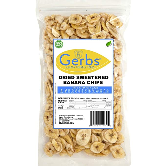 GERBS Sweetened Banana Chips, 14 ounce Bag, Unsulfured, Preservative, Top 14 Food Allergy Free