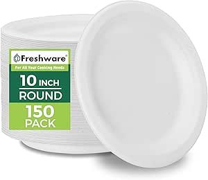 Freshware Paper Plates - Disposable 10" Plate, Biodegradable Sugarcane Fiber Dinner Plates - Heavy Duty Dinnerware for Hot Food - Microwave & Freezer Safe, Stackable Dinnerware - 150-Pack, 10 Inch