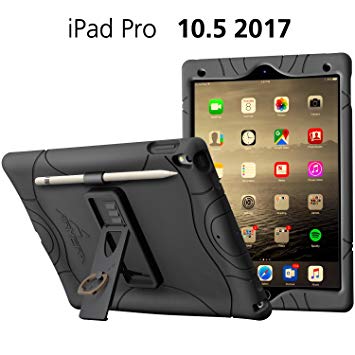 Armera iPad Pro 10.5 Rugged Case Cover with Pencil Holder, built-in Stand and Finger Ring, Heavy Duty Kids Safe Protection Silicone Cover for Apple iPad Pro 10.5 (2017) (Black)