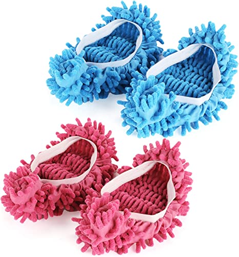 Ellsang Washable Mop Slippers, 2 Pairs Multifunction Microfiber Dust Mop Shoes Slippers Floor Cleaning Shoes Cover for Home(Pink Blue)