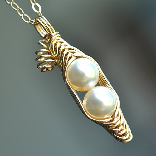 2 Peas in a pod peapod necklace, ivory Swarovski pearls, 14k gold filled - Mu-Yin Jewelry original design