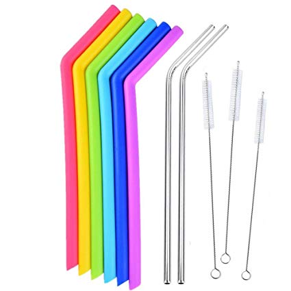 Silicone Straws, Stainless Steel Straws with Cleaning Brushes Complete Bundle- Reusable Extra Long Curved Straws for 30 OZ Yeti/Rtic Tumblers Set of 8
