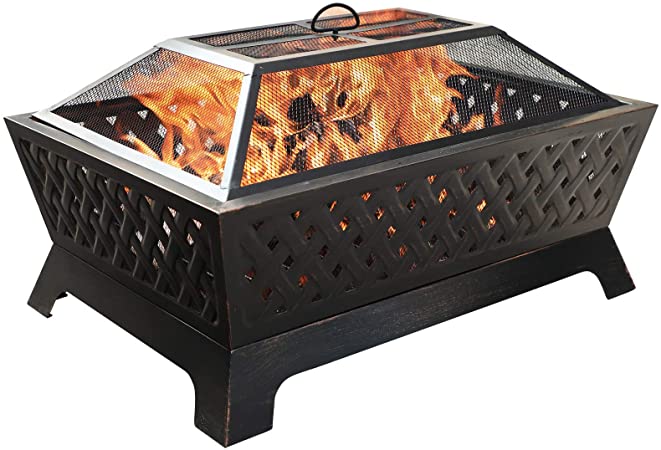 Sophia & William Outdoor Wood Burning Fire Pit Rectangle 33.9" Lx24.0 Wx12.6 H Heavy Duty,Large Patio Steel Bonfire BBQ Grill Firepit with Mesh Spark Lid and Fire Poker for Outside Backyark, Bronze