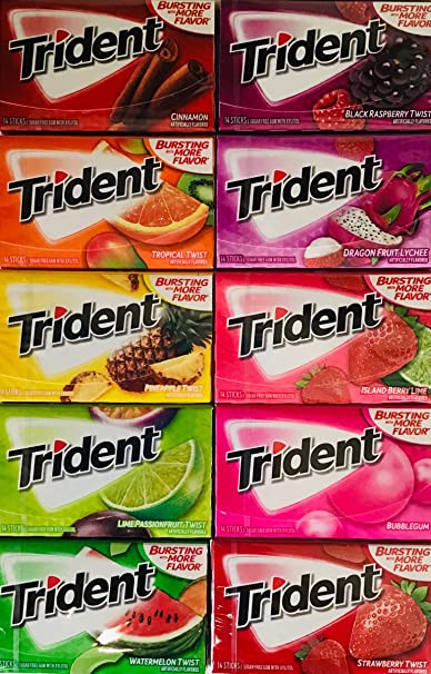 Trident Gum Fruit Assortment Featuring 10 Flavors - 14 Sticks Per Pack ( 10 Total Count)