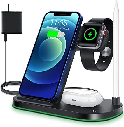WAITIEE Wireless Charger, 4 in 1 Wireless Charging Stand for Apple Watch Series SE,6,5,4,3,2,1, AirPods Pro and Apple Pencil,15W Fast Dock Charging Station for iPhone 12,11, Pro max, Xr, Xs max, X