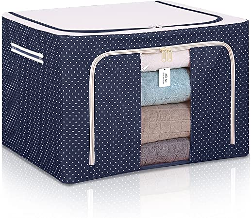 Miss Rui Clothes Storage Box with Steel Frame 66L Large Capacity Foldable Closet Organisers Bins Waterproof Dustproof Breathable for Clothes Bed Sheets Blanket Pillow Shoes (Blue)