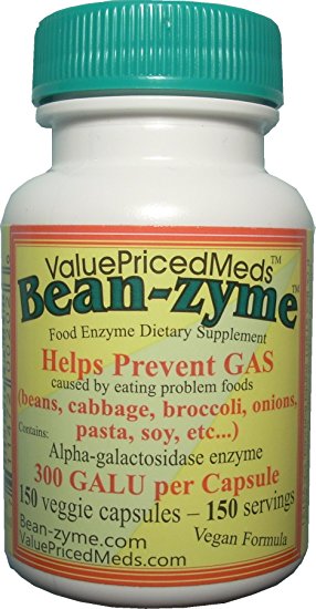 Bean-zyme VEGAN anti-gas 300 GALU/cap vs Beano 150 GALU/tab. Bean-zyme contains 150 caps/bottle