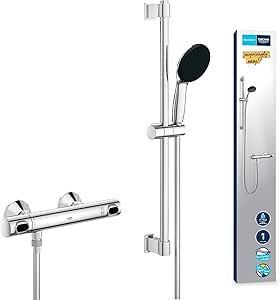 GROHE Precision Flow Mitigeur Thermostatique Douche, Ensemble de Douche 1 jet avec barre 60cm, Economie d'eau, A coller avec GROHE QuickGlue ou à visser, Chromé, 34800001