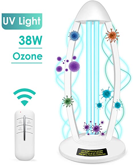 UV Light Sanitizer, 38 Watt UV Lamp Disinfection with Remote Control UV Germicidal Light Sterilizer for Car Living Room Bedroom Household Kitchen Hotel Pet Area, Ozone Models