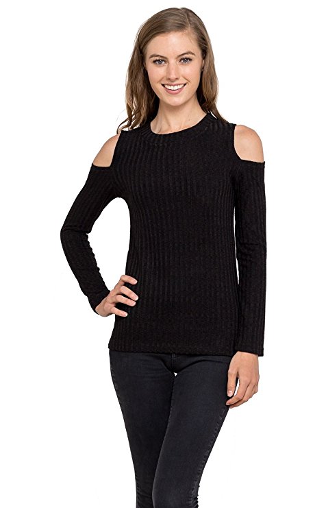 Womens Cold Shoulder Knitted Top - Long Sleeve Pullover Sweater, Velucci