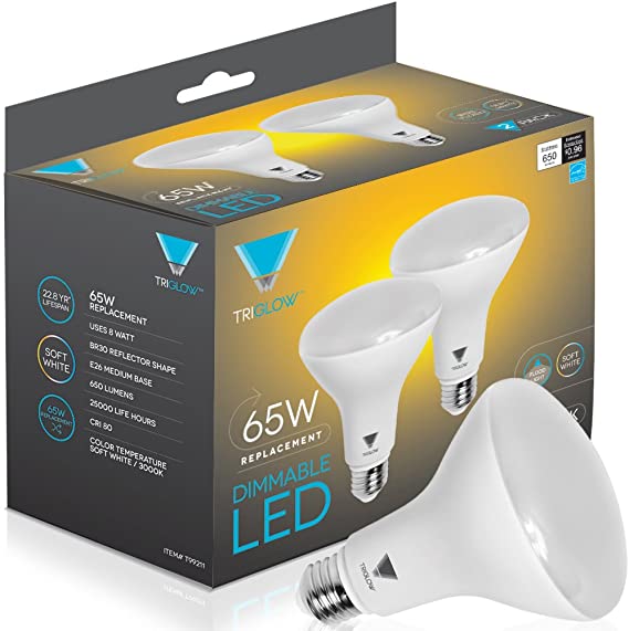 TriGlow T99211 (2-Pack) LED 7-Watt (50W Equivalent) BR20/30 Bulb, 550 Lumen, DIMMABLE 3000K (Soft White) UL Listed and Energy Star Certified LED R20 Light Bulb (BR30)