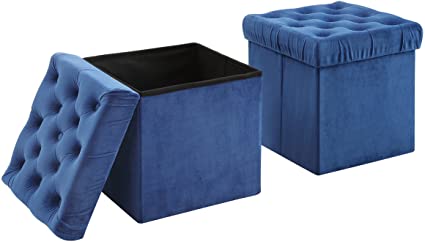 AC Pacific Foldable Storage Ottoman Cube Foot Rest, Blue (2 Pack)