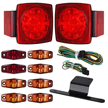 Partsam Under 80" Square Red LED Boat Trailer Sealed Light Kit, Stop Turn Tail License w/ Side Marker