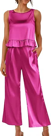 Ekouaer Womens Satin Pajamas Set 2 Piece Silk Outfits Sleeveless Tank Crop Wide Leg Pants Sleepwear with Pockets