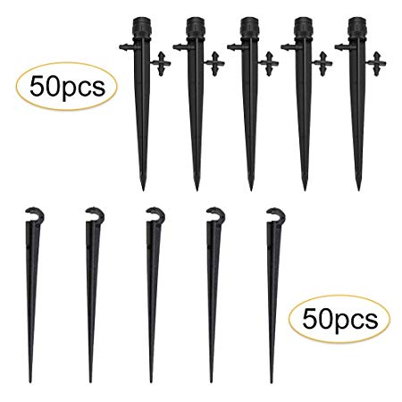 50 Pcs Adjustable Irrigation Drippers and 50 PCS Support Post for 4mm/7mm Tube, QIUYE Adjustable 360 Degree Water Flow Drip Irrigation System