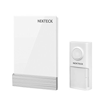 Wireless Doorbell, Nekteck Plug-in Doorbell Chime Battery-Free Kinetic Push Button Transmitter with Over 25 Musical Tones, 3 Volume Levels [150m Range / IP44 Water Proof] - [1 Button & 1 Plugin Chime]