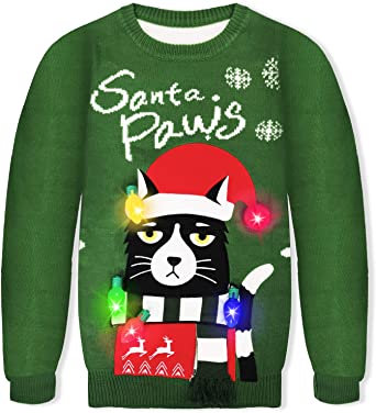 Light Up Women's Christmas Sweater, 3D Gingerbread Man Cat Ugly Sweater Knit New Year Eve Holiday Funny Sweatshirt